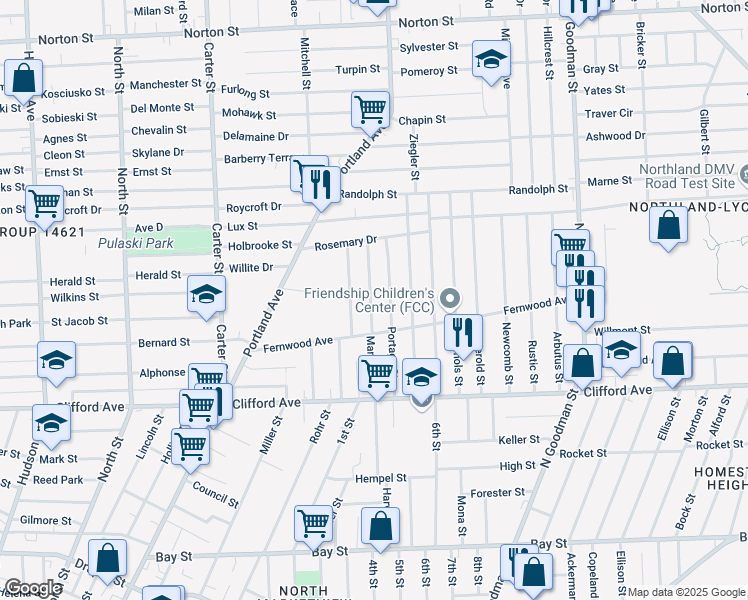 map of restaurants, bars, coffee shops, grocery stores, and more near 60 Aurora Street in Rochester