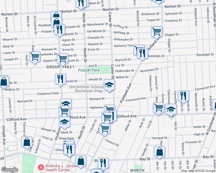 map of restaurants, bars, coffee shops, grocery stores, and more near 662 Wilkins Street in Rochester