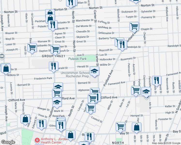 map of restaurants, bars, coffee shops, grocery stores, and more near 662 Wilkins Street in Rochester