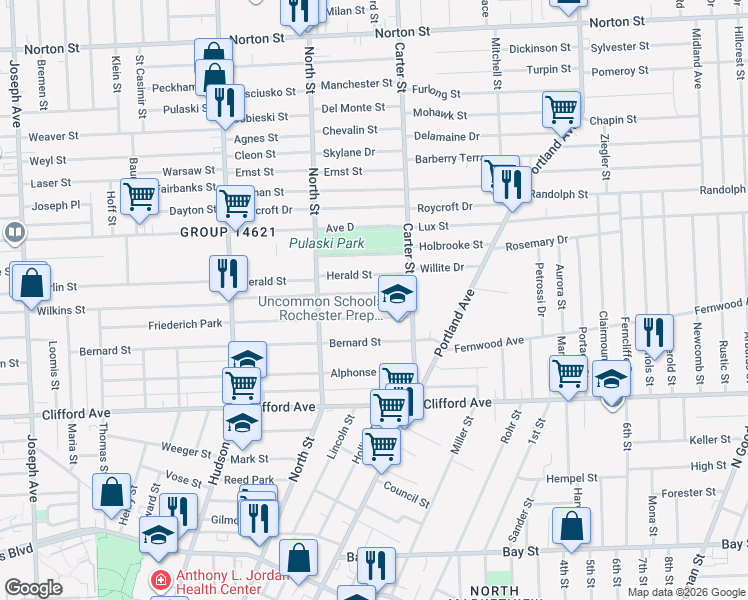 map of restaurants, bars, coffee shops, grocery stores, and more near 612 Wilkins Street in Rochester