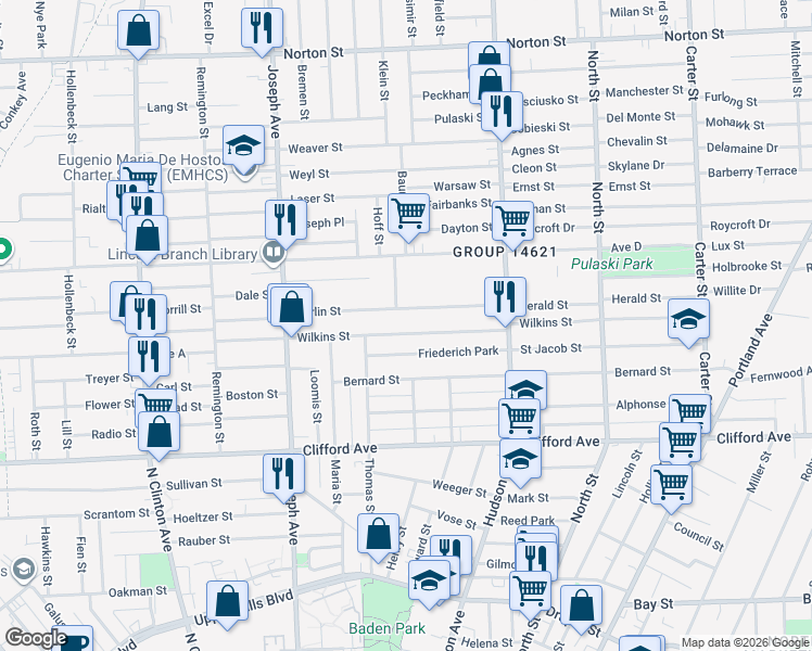 map of restaurants, bars, coffee shops, grocery stores, and more near 187 Berlin Street in Rochester