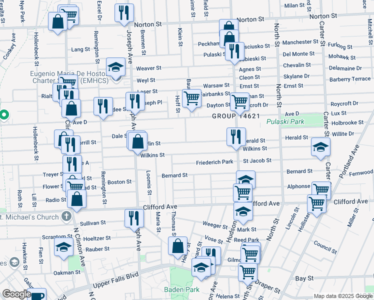 map of restaurants, bars, coffee shops, grocery stores, and more near 133 Berlin Street in Rochester