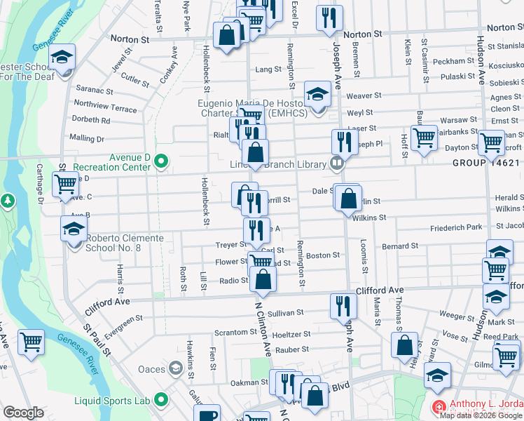 map of restaurants, bars, coffee shops, grocery stores, and more near 113 Morrill Street in Rochester