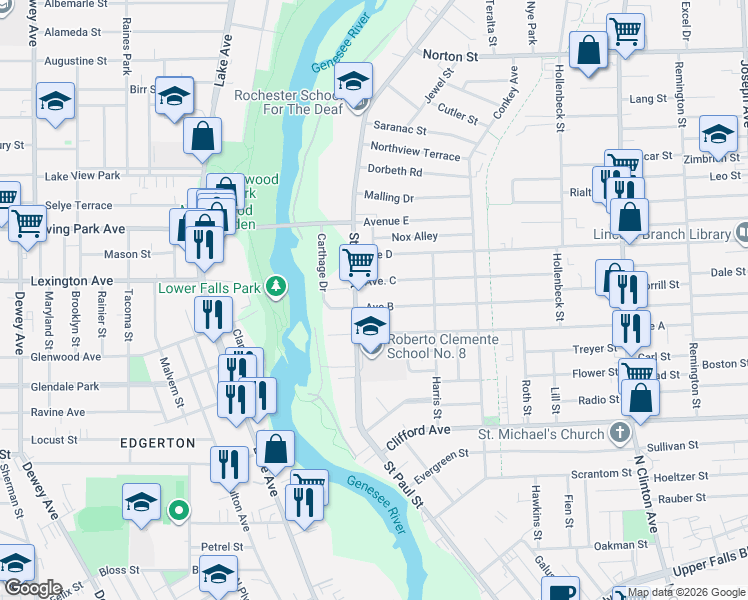 map of restaurants, bars, coffee shops, grocery stores, and more near in Rochester