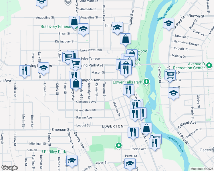 map of restaurants, bars, coffee shops, grocery stores, and more near 175 Lexington Avenue in Rochester