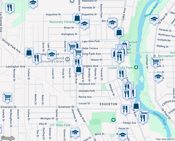map of restaurants, bars, coffee shops, grocery stores, and more near 38 Brooklyn Street in Rochester