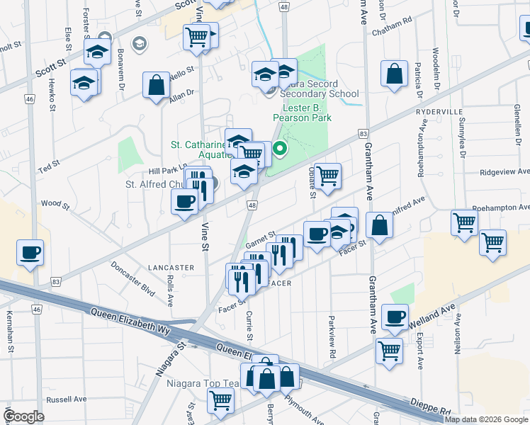 map of restaurants, bars, coffee shops, grocery stores, and more near in St. Catharines