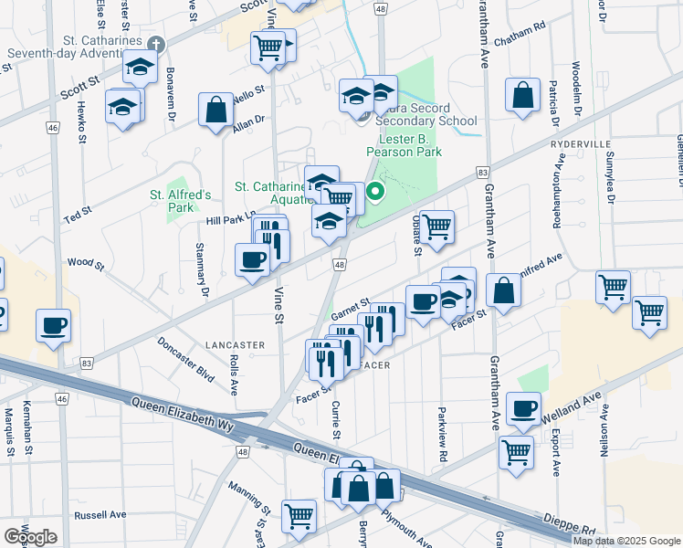 map of restaurants, bars, coffee shops, grocery stores, and more near in St. Catharines