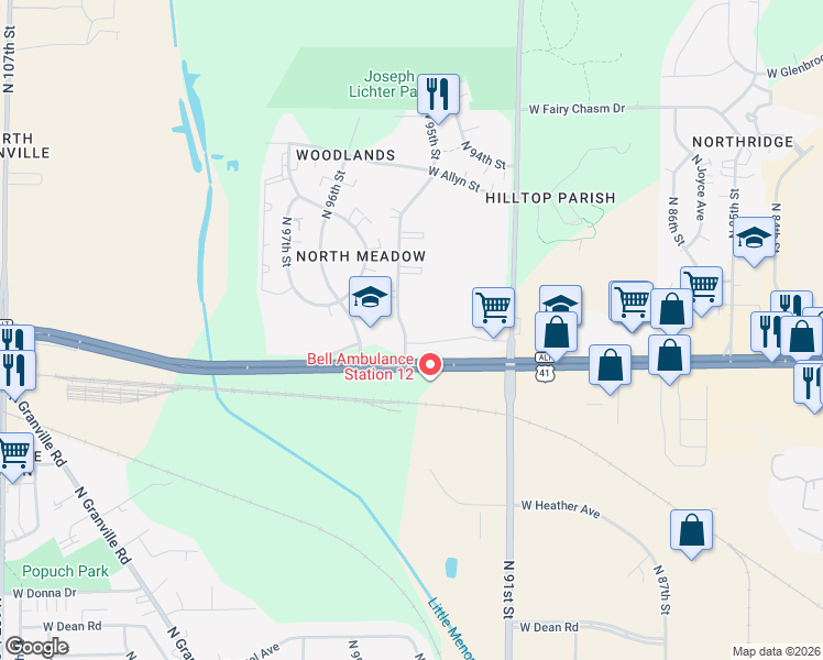 map of restaurants, bars, coffee shops, grocery stores, and more near 8848B North 95th Street in Milwaukee