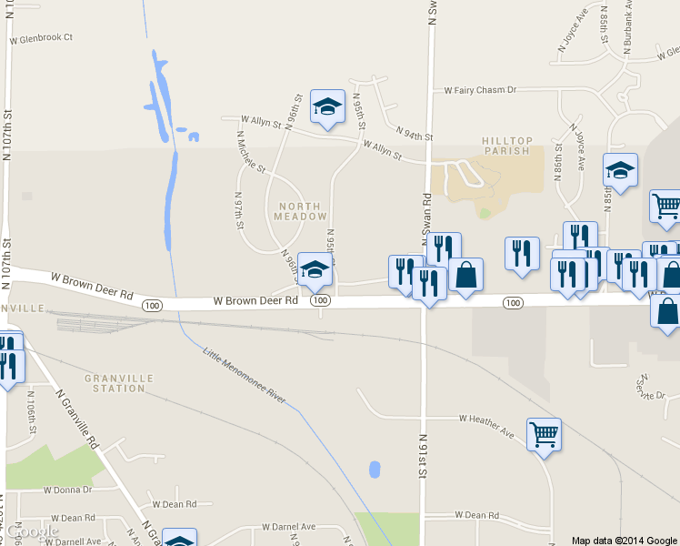 map of restaurants, bars, coffee shops, grocery stores, and more near 8951E North 95th Street in Milwaukee