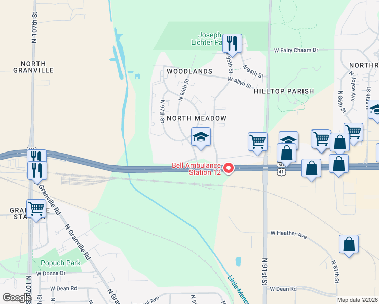 map of restaurants, bars, coffee shops, grocery stores, and more near 8843 North 96th Street in Milwaukee