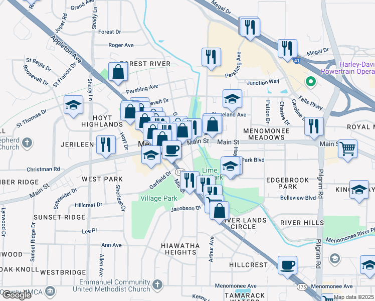 map of restaurants, bars, coffee shops, grocery stores, and more near N88W16495 Main Street in Menomonee Falls