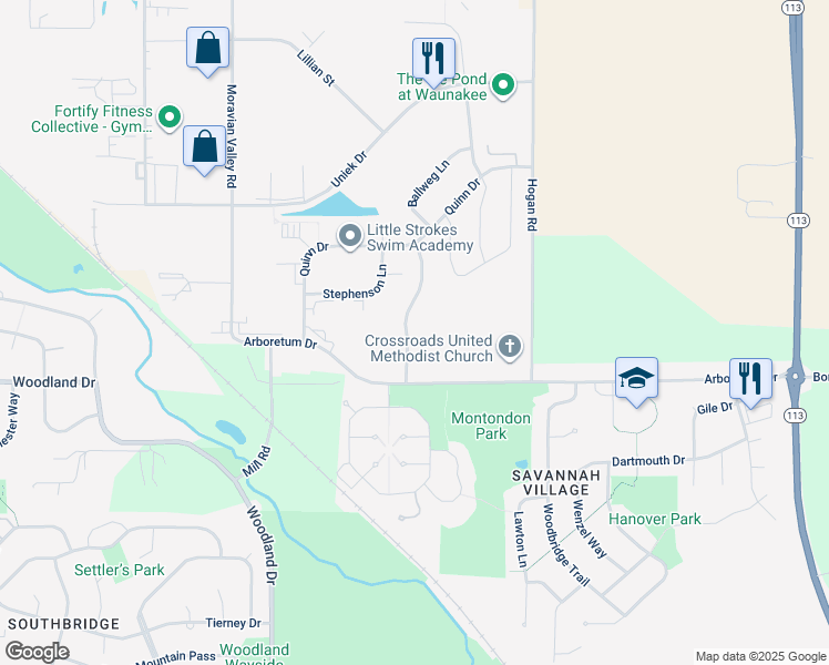 map of restaurants, bars, coffee shops, grocery stores, and more near 1117 Stephenson Lane in Waunakee