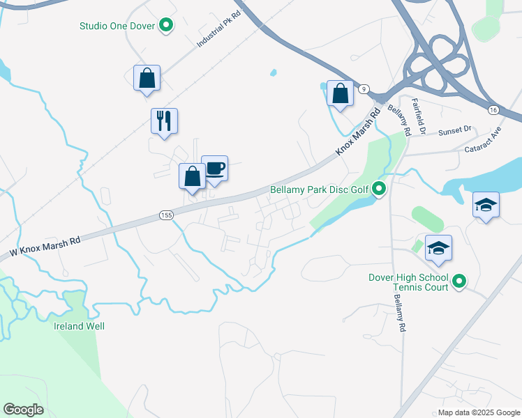 map of restaurants, bars, coffee shops, grocery stores, and more near 2 Westgate Drive in Dover