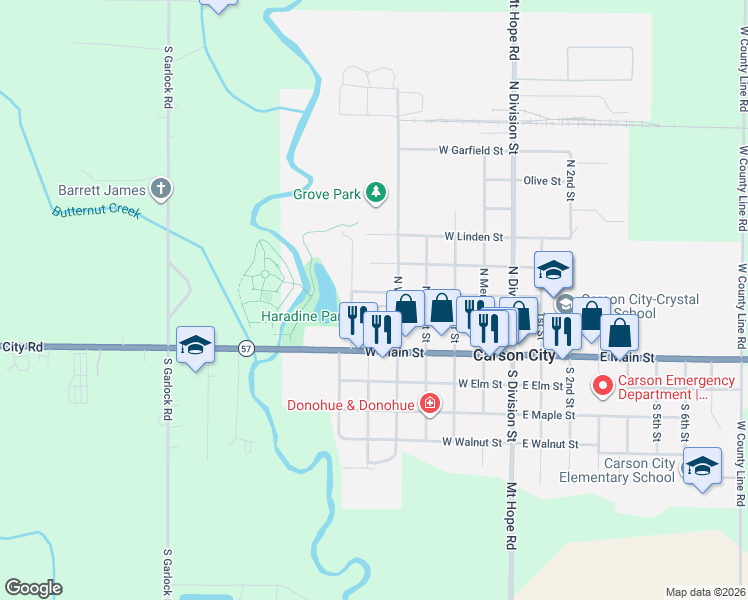 map of restaurants, bars, coffee shops, grocery stores, and more near 502 West Carson Street in Carson City