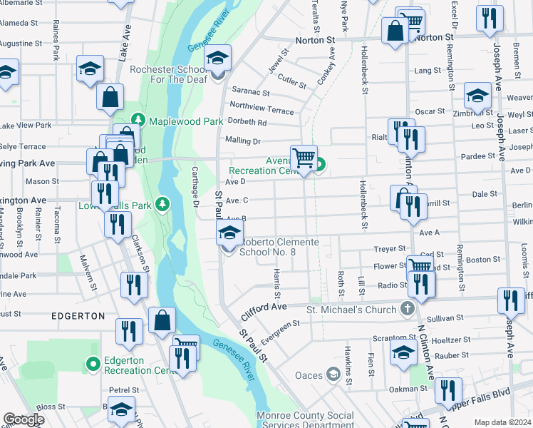 map of restaurants, bars, coffee shops, grocery stores, and more near 152 Avenue B in Rochester