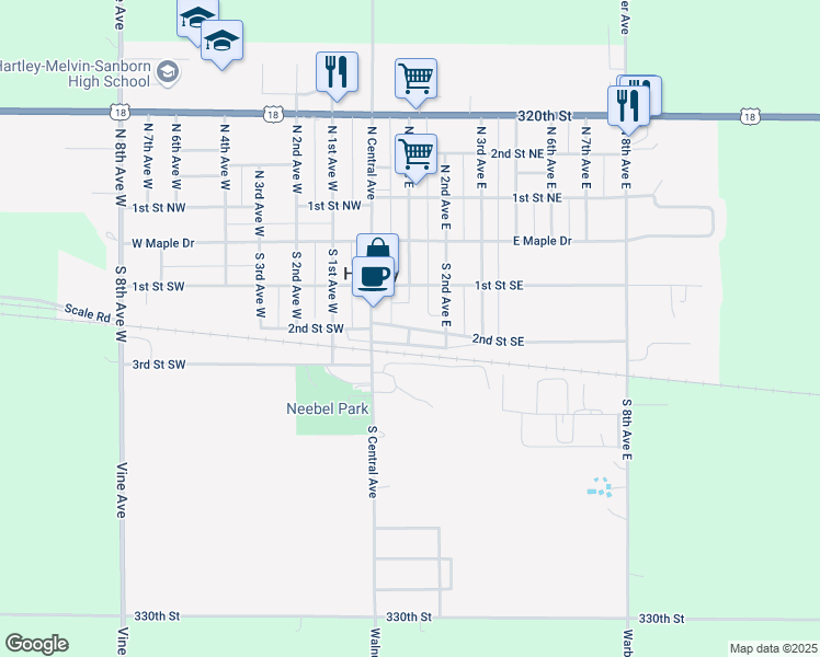 map of restaurants, bars, coffee shops, grocery stores, and more near 101 2nd Street Southeast in Hartley