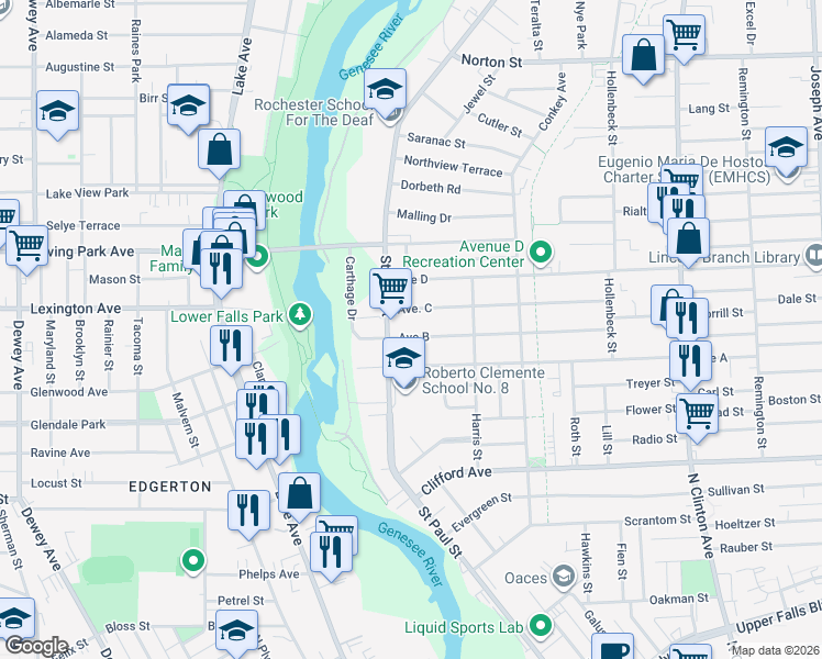 map of restaurants, bars, coffee shops, grocery stores, and more near 51 Avenue C in Rochester