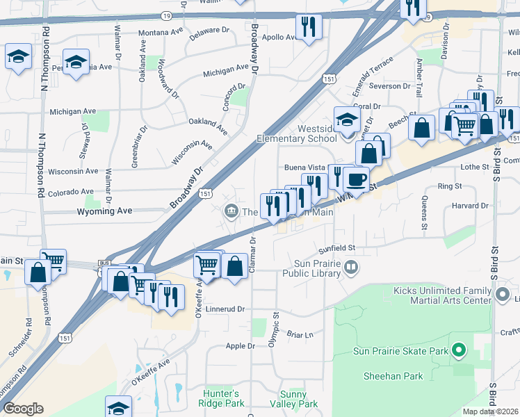 map of restaurants, bars, coffee shops, grocery stores, and more near 31 Hart Road in Sun Prairie