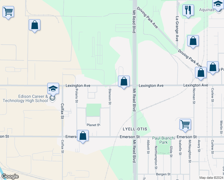 map of restaurants, bars, coffee shops, grocery stores, and more near 232 Stenson Street in Rochester