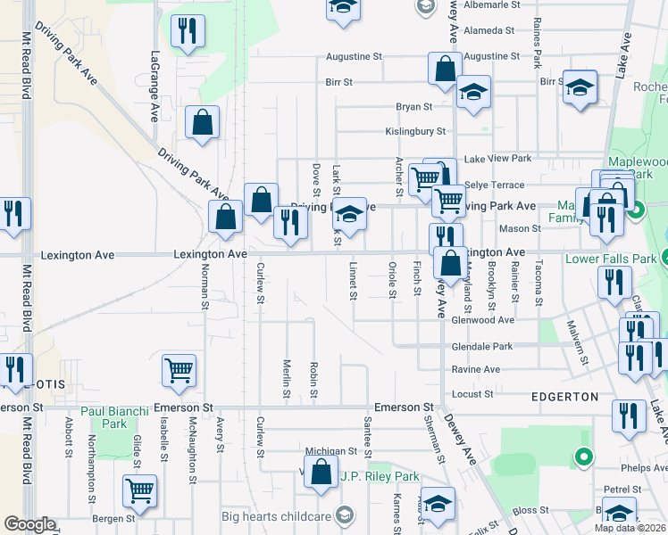 map of restaurants, bars, coffee shops, grocery stores, and more near 543 Lexington Avenue in Rochester