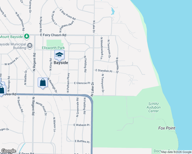 map of restaurants, bars, coffee shops, grocery stores, and more near 8949 North Lake Drive in Bayside