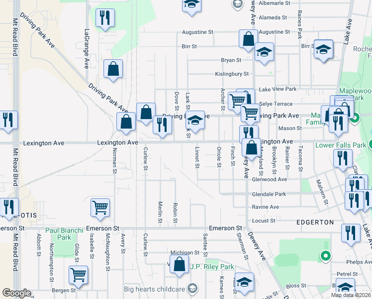 map of restaurants, bars, coffee shops, grocery stores, and more near 543 Lexington Avenue in Rochester