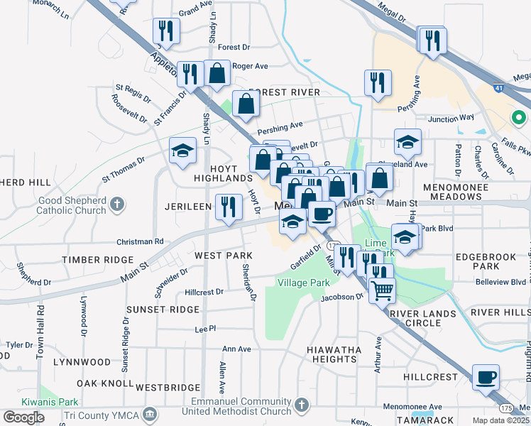 map of restaurants, bars, coffee shops, grocery stores, and more near N88W16954 Main Street in Menomonee Falls