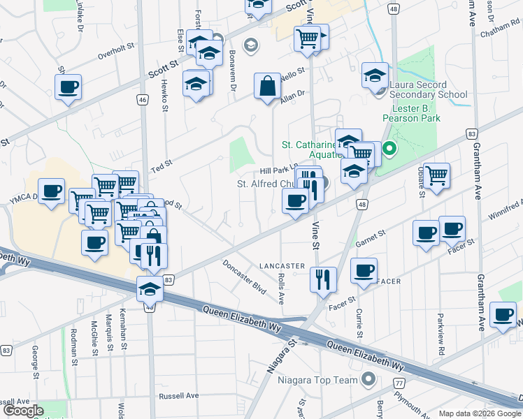 map of restaurants, bars, coffee shops, grocery stores, and more near 18 Stanmary Drive in Saint Catharines