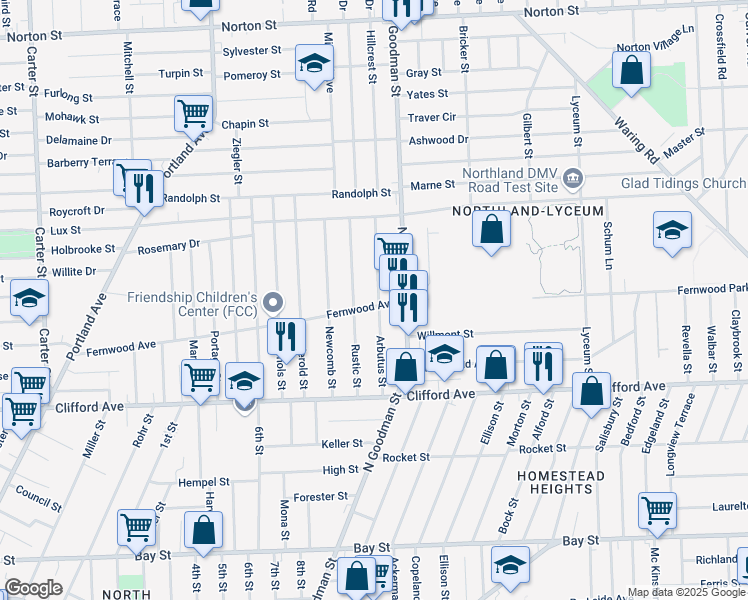 map of restaurants, bars, coffee shops, grocery stores, and more near 462 Fernwood Avenue in Rochester