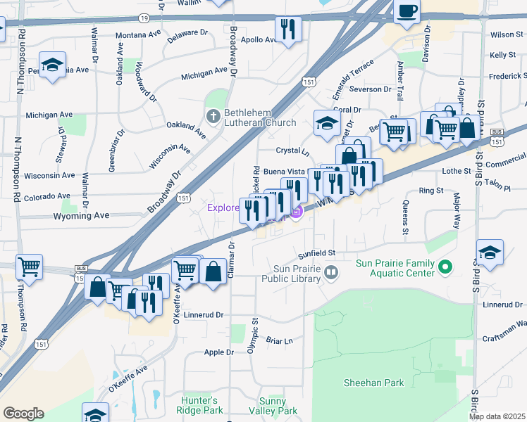 map of restaurants, bars, coffee shops, grocery stores, and more near 17 Rickel Road in Sun Prairie