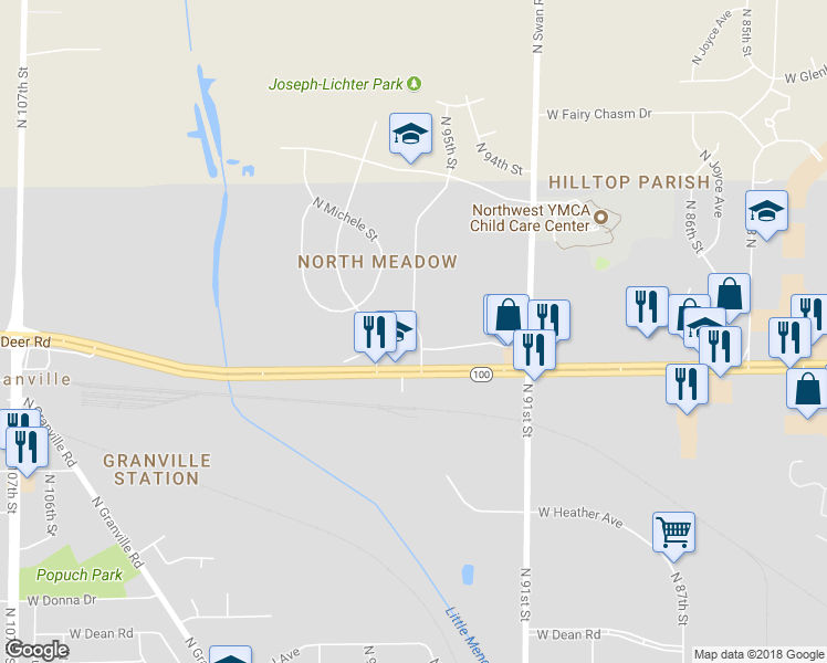 map of restaurants, bars, coffee shops, grocery stores, and more near 8951E North 95th Street in Milwaukee