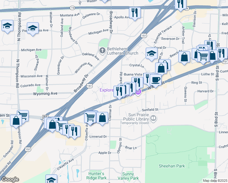 map of restaurants, bars, coffee shops, grocery stores, and more near 35 Hart Road in Sun Prairie