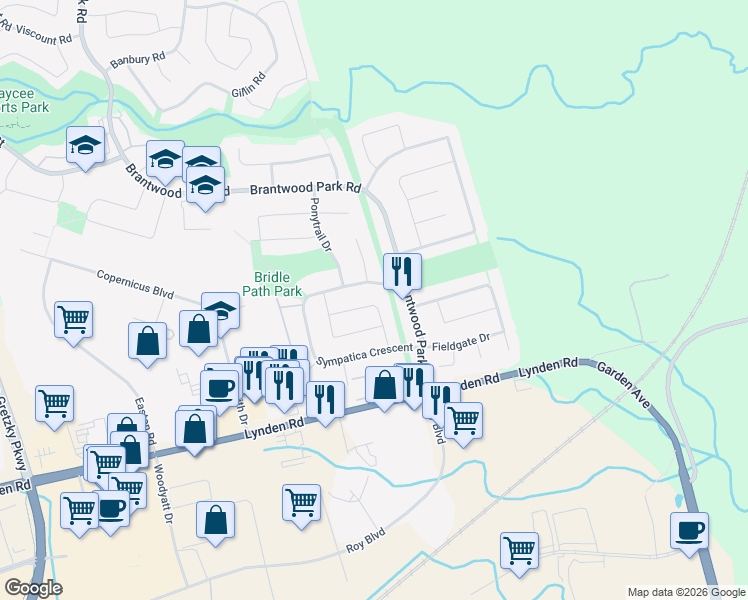 map of restaurants, bars, coffee shops, grocery stores, and more near 38 Nautical Road in Brantford