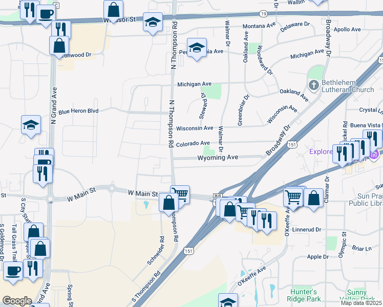 map of restaurants, bars, coffee shops, grocery stores, and more near 2208 Wyoming Avenue in Sun Prairie