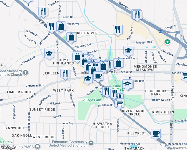 map of restaurants, bars, coffee shops, grocery stores, and more near in Menomonee Falls