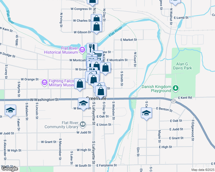 map of restaurants, bars, coffee shops, grocery stores, and more near 208 East Cass Street in Greenville