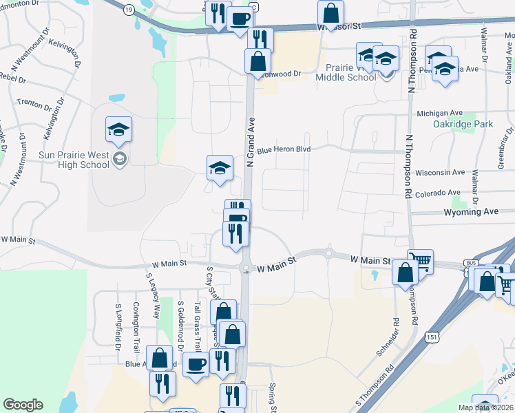 map of restaurants, bars, coffee shops, grocery stores, and more near 148 Caraway Place in Sun Prairie