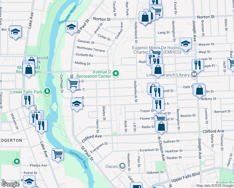 map of restaurants, bars, coffee shops, grocery stores, and more near 270 Avenue B in Rochester