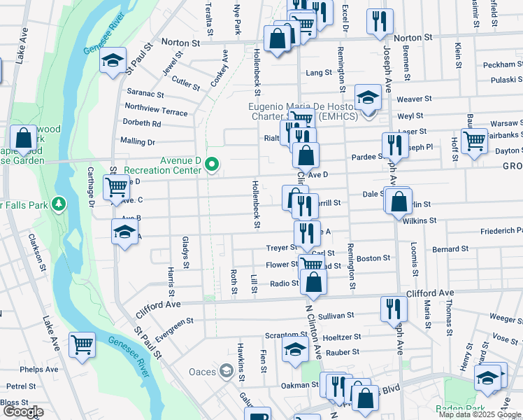 map of restaurants, bars, coffee shops, grocery stores, and more near 9 Morrill St in Rochester
