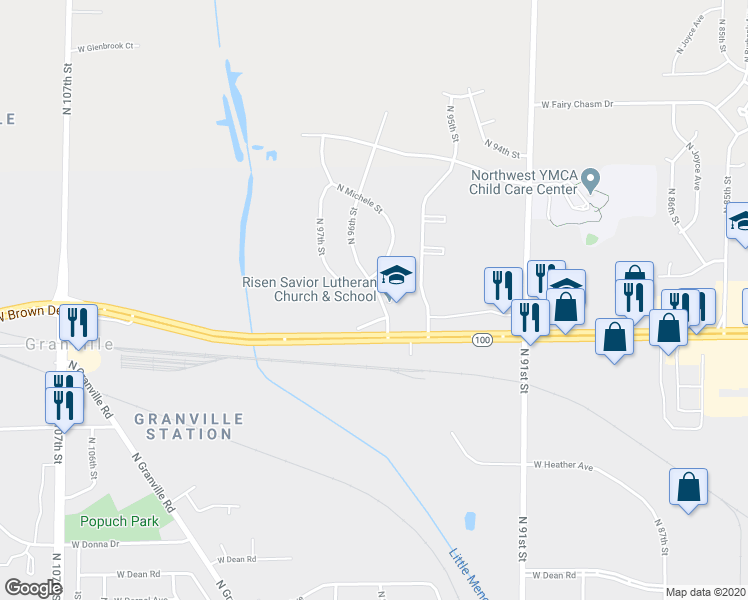 map of restaurants, bars, coffee shops, grocery stores, and more near 8843 North 96th Street in Milwaukee