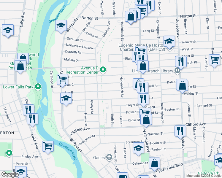 map of restaurants, bars, coffee shops, grocery stores, and more near 308 Avenue B in Rochester