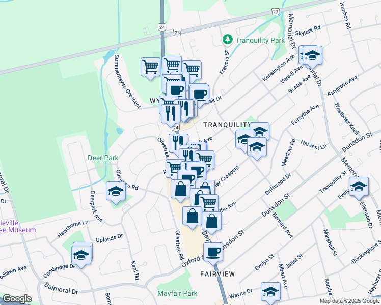 map of restaurants, bars, coffee shops, grocery stores, and more near 270 King George Road in Brantford
