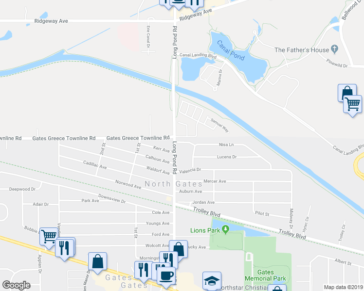 map of restaurants, bars, coffee shops, grocery stores, and more near 1742 Long Pond Road in Rochester
