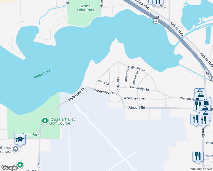 map of restaurants, bars, coffee shops, grocery stores, and more near 4067 West Lane in Norton Shores