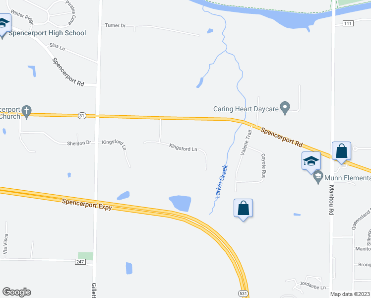 map of restaurants, bars, coffee shops, grocery stores, and more near Kingsford Lane in Spencerport