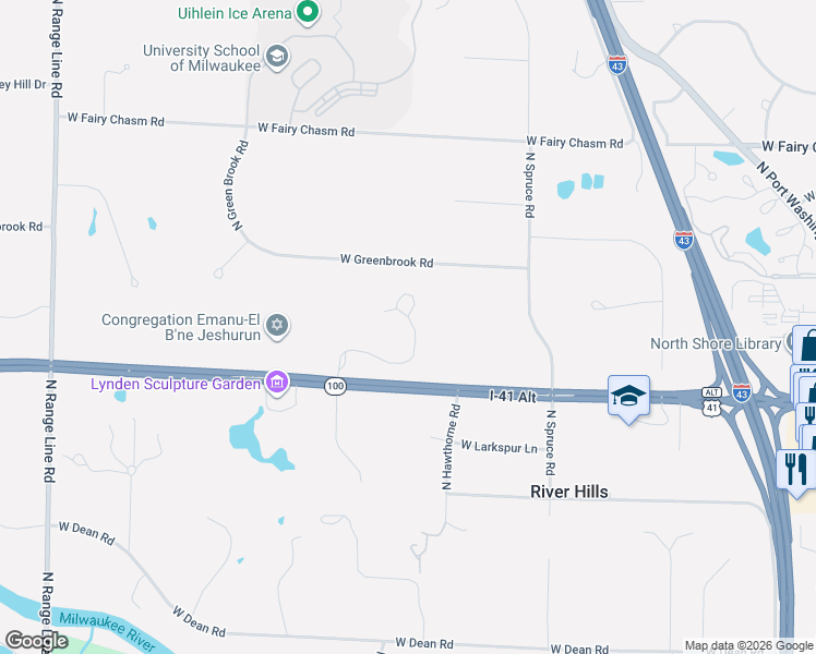map of restaurants, bars, coffee shops, grocery stores, and more near 1700 West Brown Deer Road in River Hills