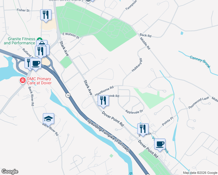 map of restaurants, bars, coffee shops, grocery stores, and more near 14 Hawthorne Road in Dover