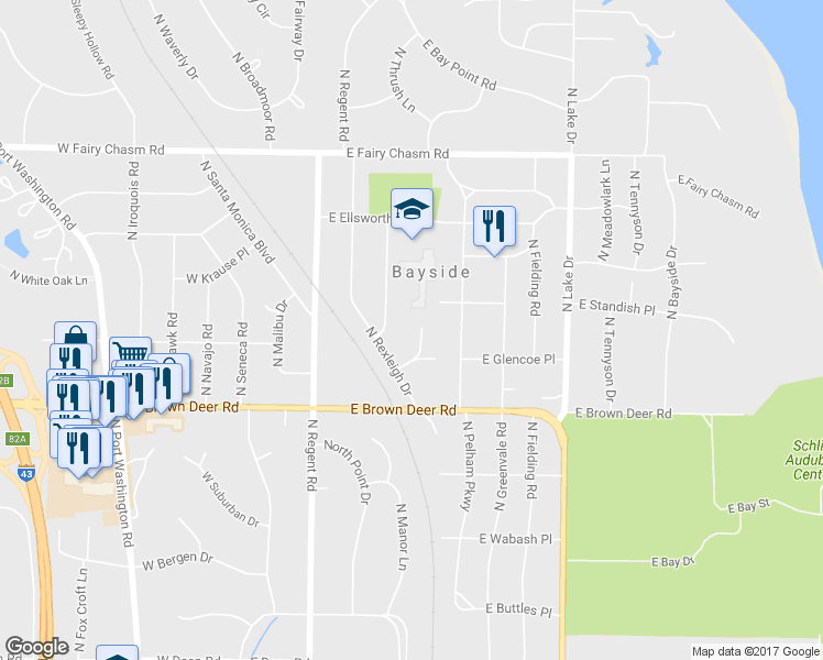 map of restaurants, bars, coffee shops, grocery stores, and more near 8935 North Maitland Road in Bayside