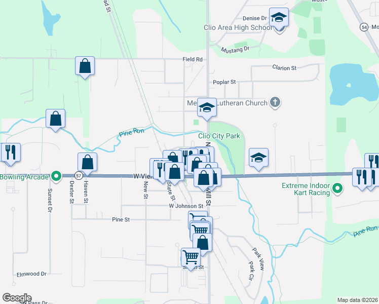 map of restaurants, bars, coffee shops, grocery stores, and more near 129 Bluff Street in Clio